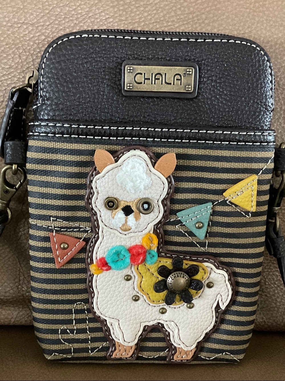 Chala Black & Cream Striped Crossbody with Colorful Llama Applique